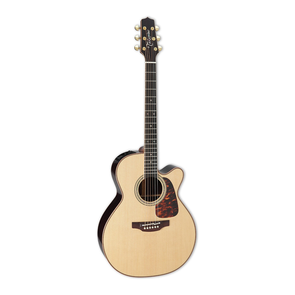 Full front view of the Takamine P7NC NEX cutaway guitar standing upright with the headstock at the top.