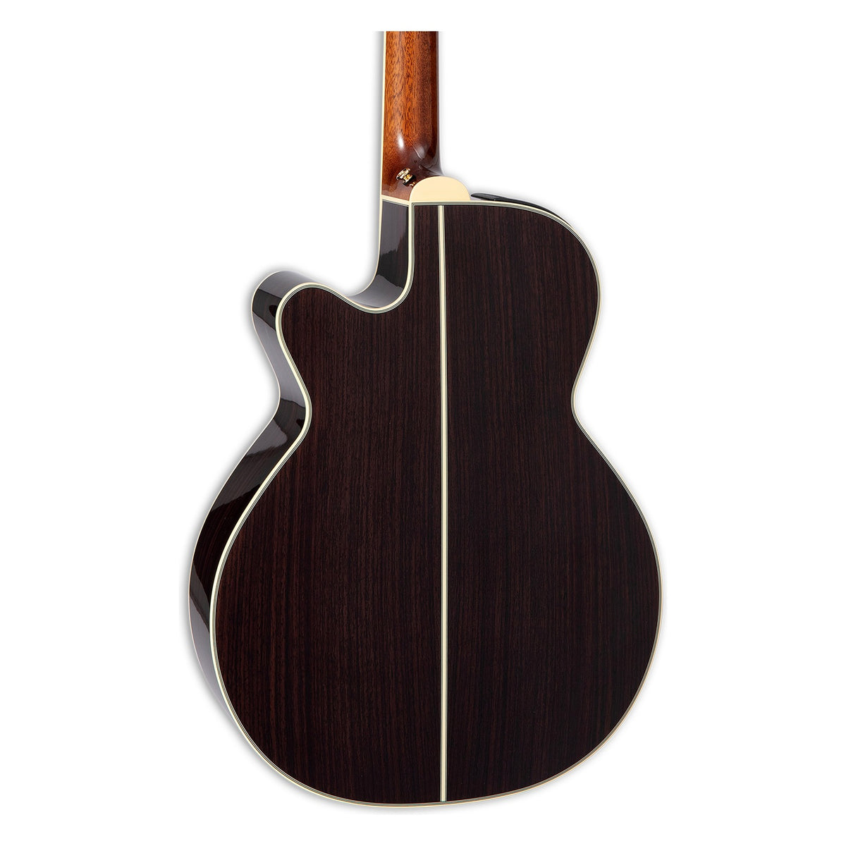 Back of the Takamine RNV460C body showing the solid Indian rosewood back and the heel of the mahogany neck.