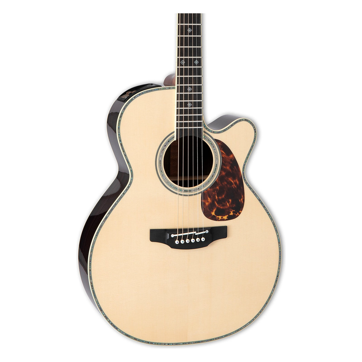 Front of the Takamine RNV460C body in a gloss natural finish: solid Engelmann spruce top, cutaway, soundhole rosette and the lower fretboard.