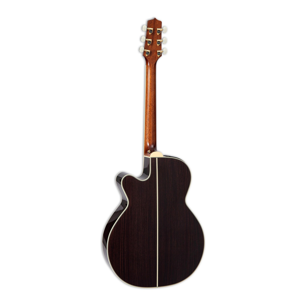 Full back view of the Takamine RNV460C showing the mahogany neck and the solid Indian rosewood back.