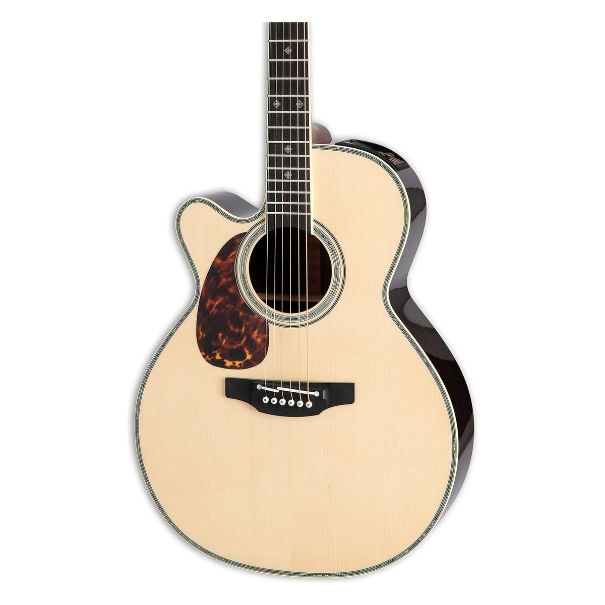 Mirrored from the right-handed model to show the left-handed layout: front of the Takamine RNV460C LH body in a gloss natural finish with the cutaway on the left.