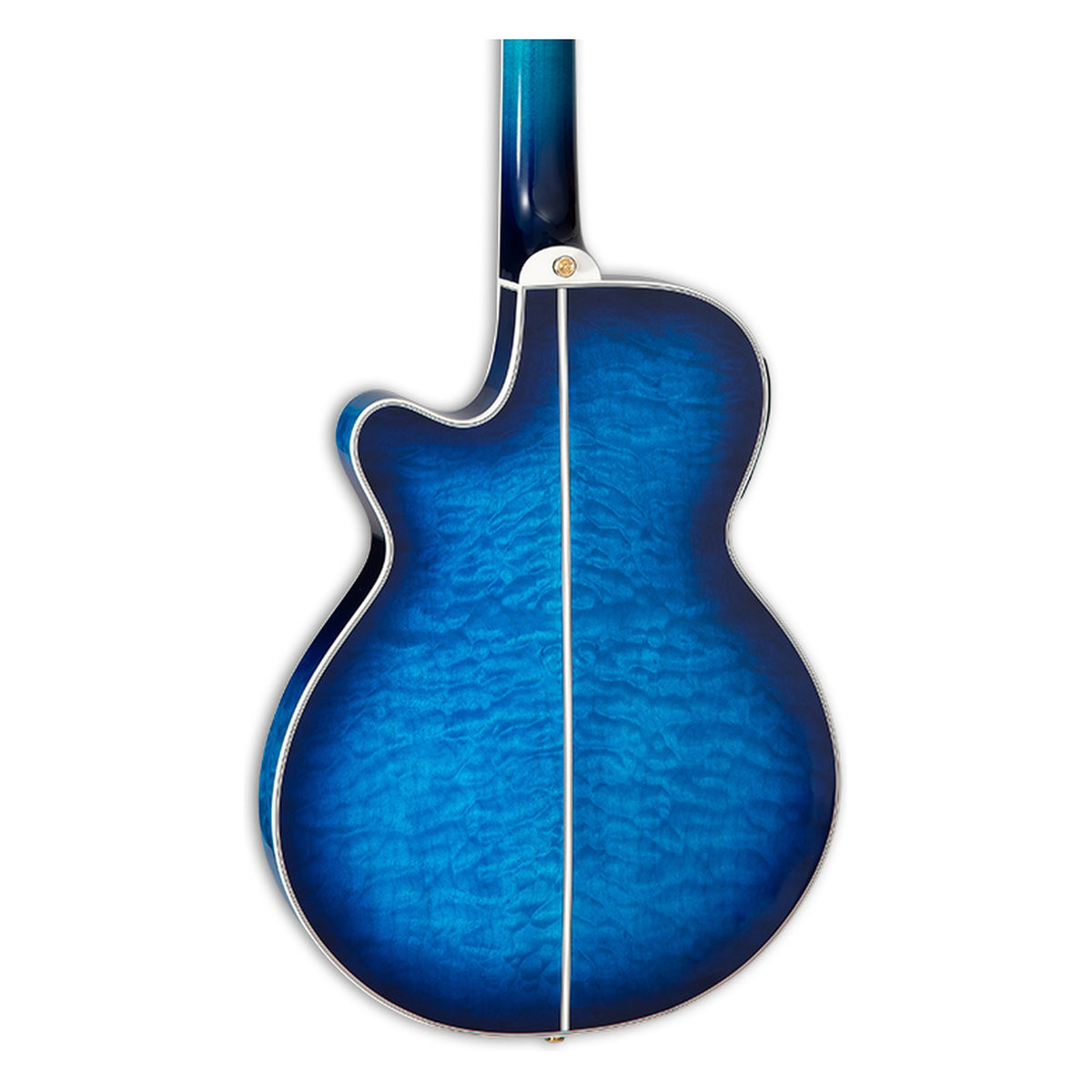 Back of the Takamine TSP100 DBS body showing the arched maple back and the heel of the maple neck.