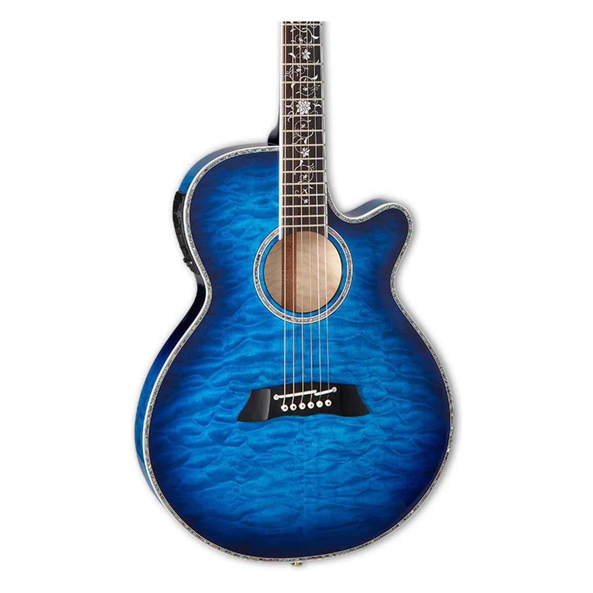 Front of the Takamine TSP100 DBS body in a gloss deep blue sunburst finish: arched maple top, cutaway, soundhole rosette and the lower fretboard.