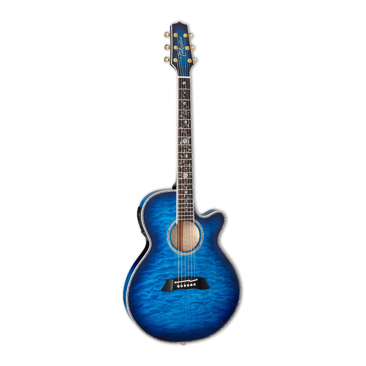 Full front view of the Takamine TSP100 DBS FX cutaway guitar standing upright with the headstock at the top.