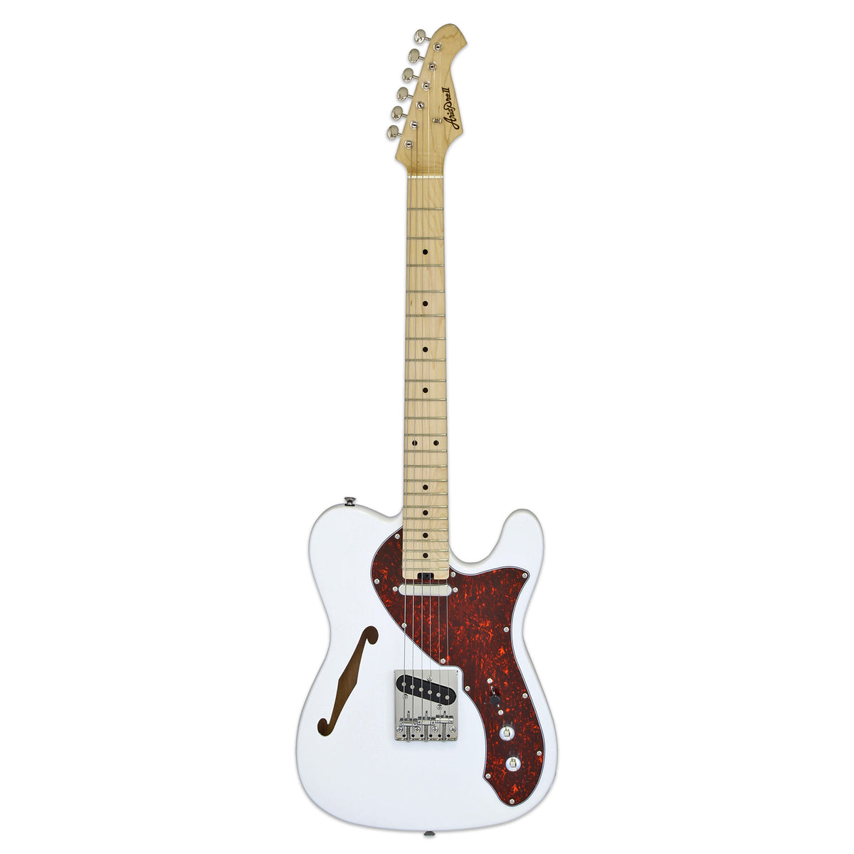 Aria TEG-TL Modern Classics semi-hollow electric guitar in white with a tortoise pickguard and maple neck, front view