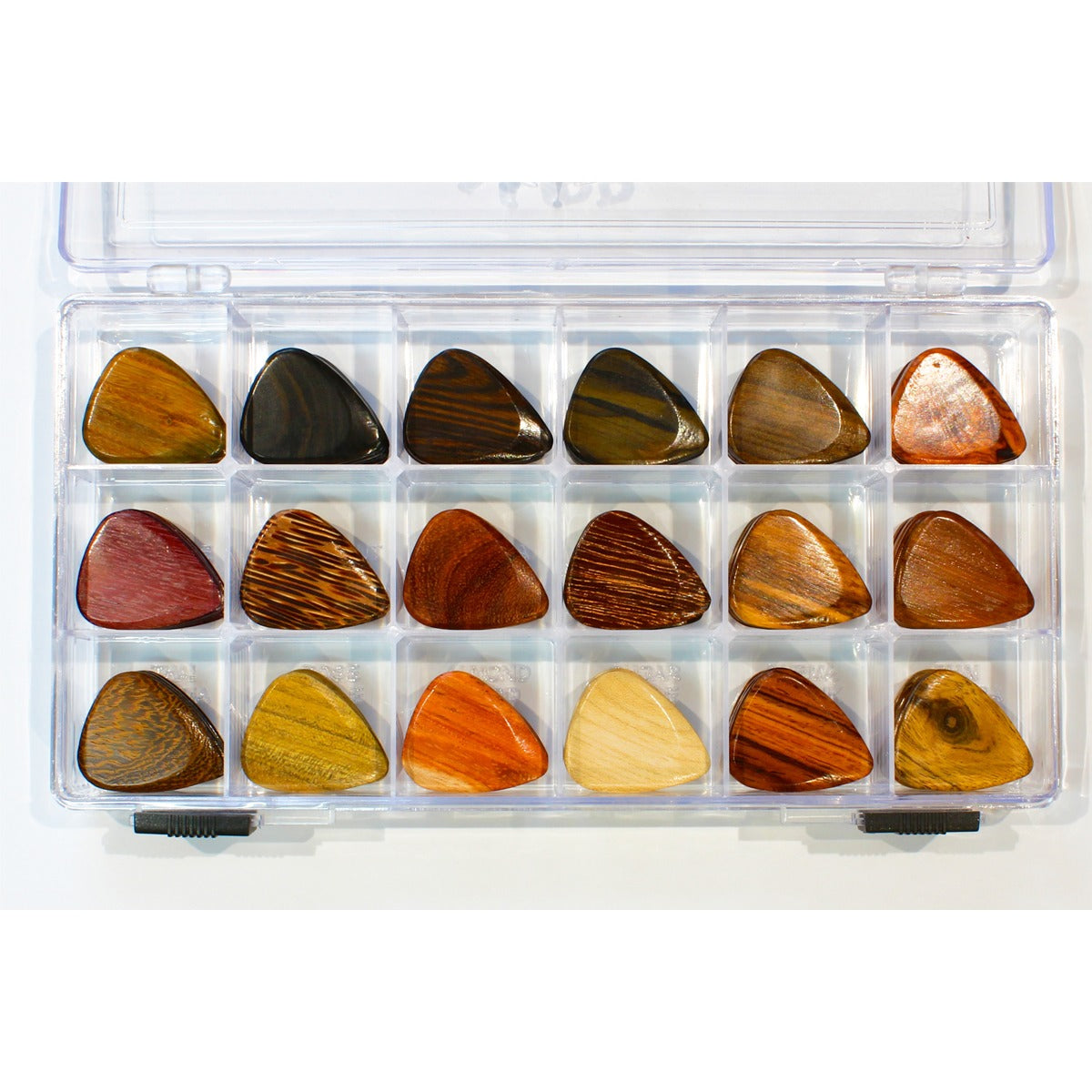 Timber Tones tray of 54 exotic wood guitar picks in a clear 18-compartment display case, three picks of each timber