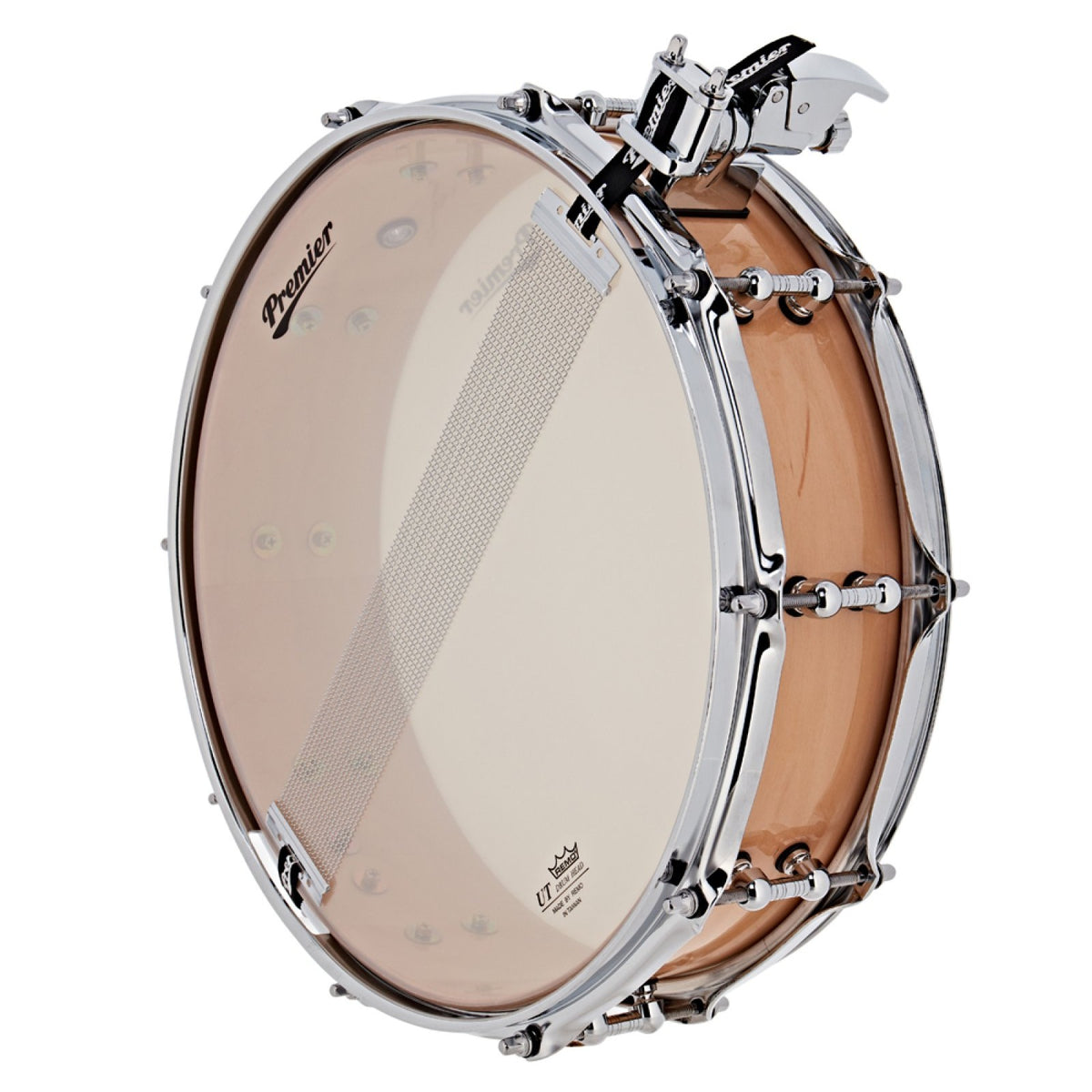 Underside of the Premier Beatmaker 14" x 4" maple snare drum showing the snare-side head and 20-strand snare wires