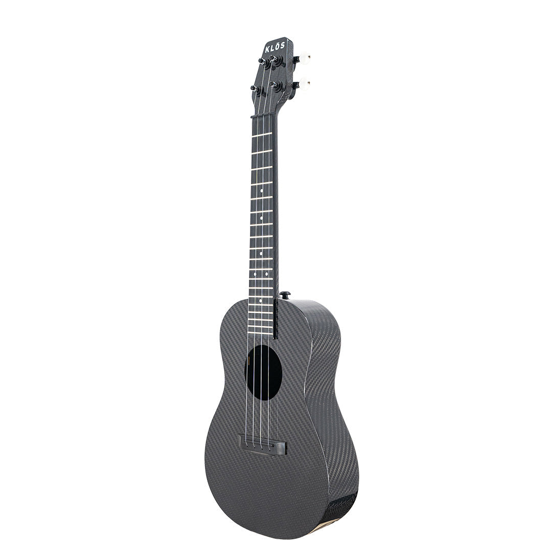 Klōs Full Carbon concert ukulele, black carbon fiber body front with round soundhole