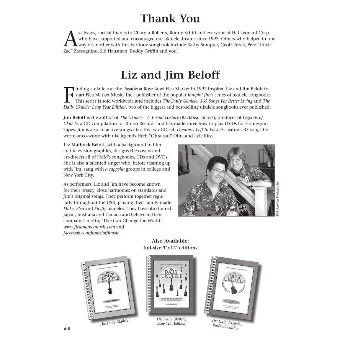 Liz and Jim Beloff thank you page with ukulele songbooks The Daily Ukulele editions displayed