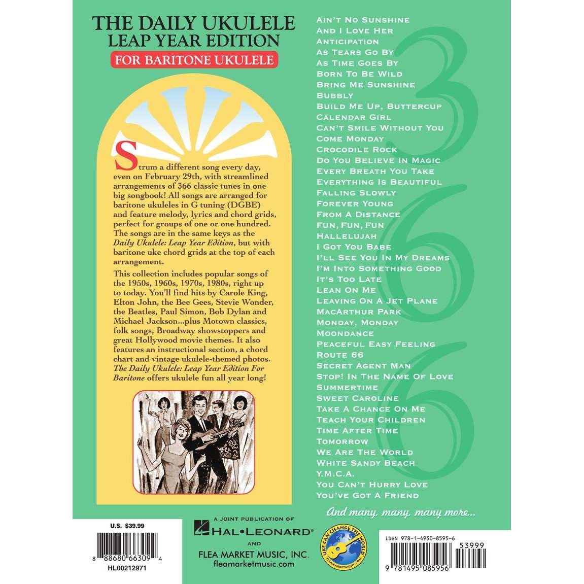 The Daily Ukulele Leap Year Edition for Baritone Ukulele songbook back cover featuring song list and details at Terry Carter Music Store.