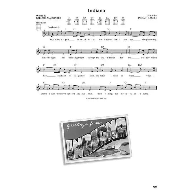 Sheet music for 'Indiana' with chords, lyrics, and a vintage Indiana postcard, Terry Carter Music Store.
