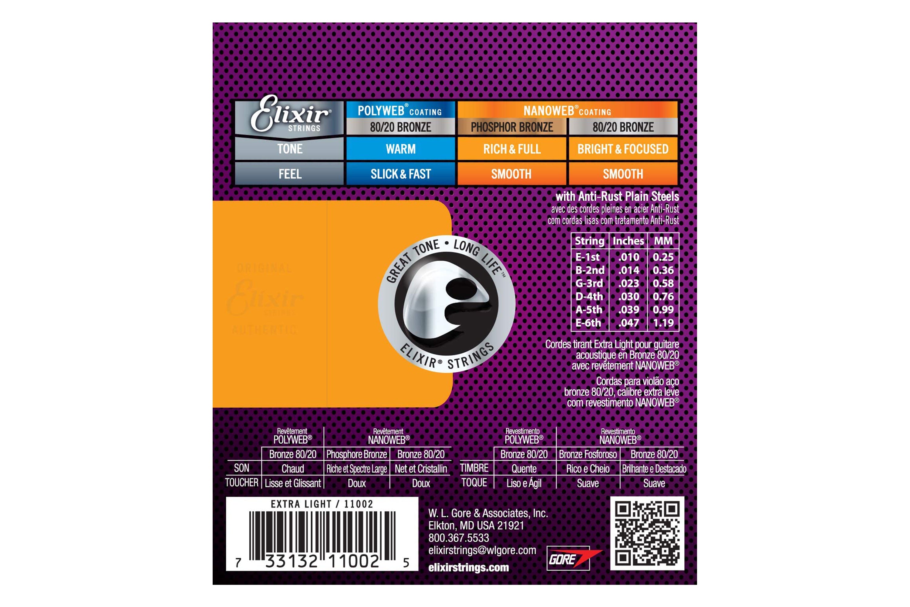 Elixir 11002 Nanoweb 80/20 Bronze Acoustic Guitar Strings - Extra Light .010-.047