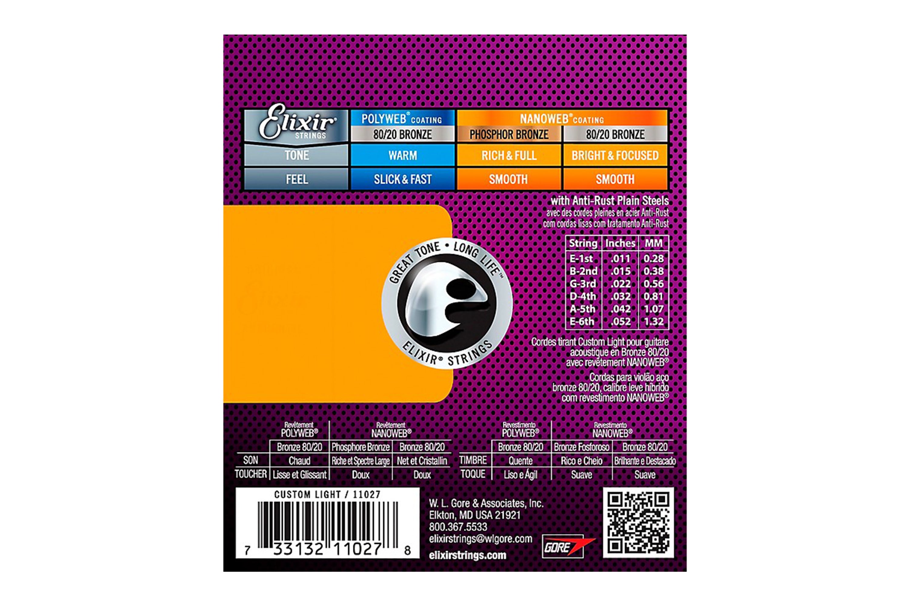 Elixir 11027 Nanoweb 80/20 Bronze Acoustic Guitar Strings - Custom Light .011-.052