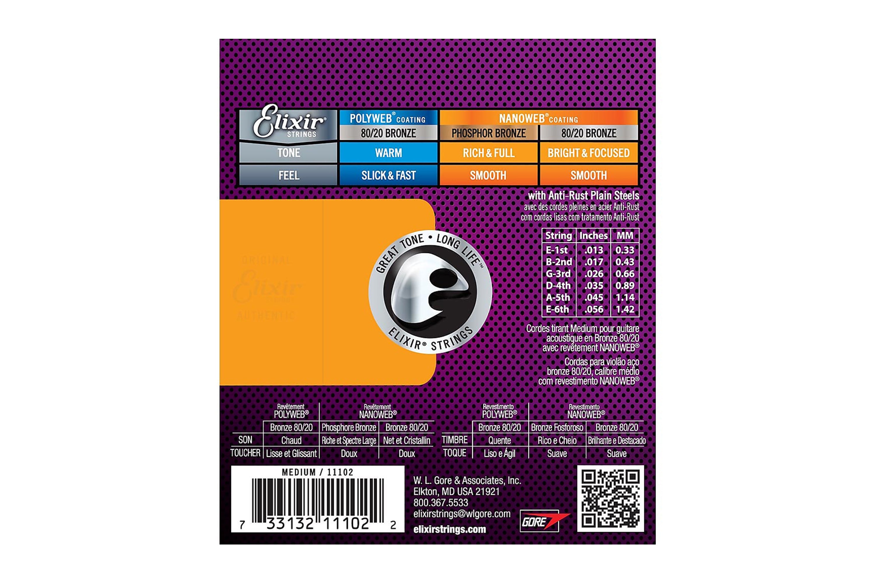 Elixir 11102 Nanoweb 80/20 Bronze Acoustic Guitar Strings - Medium .013-.056