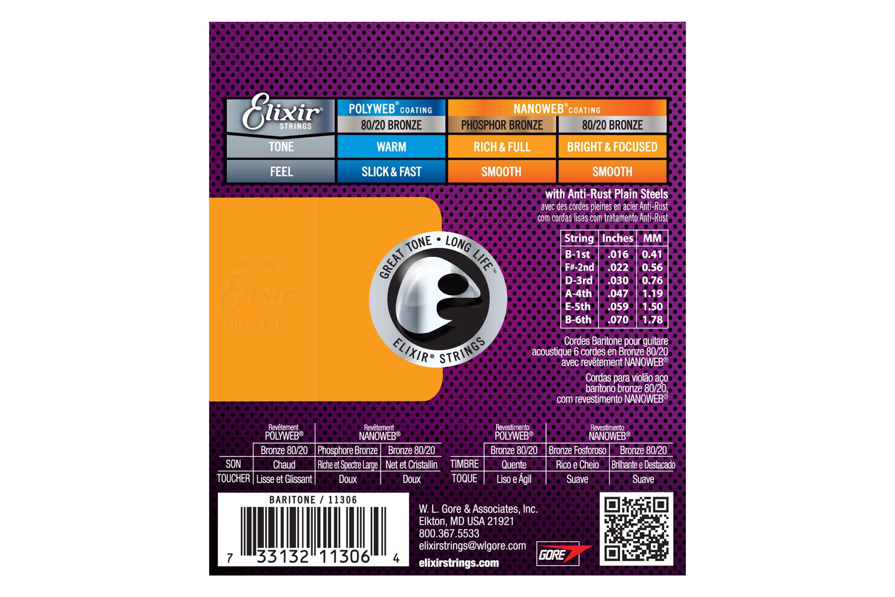 Elixir 11306 Nanoweb 80/20 Bronze Acoustic 6-String Baritone Guitar Strings - .016-.070