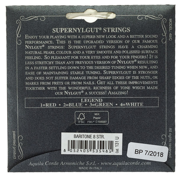 Aquila 131U Super Nylgut 8 String Baritone Ukulele Strings dDgGbbee TUNING