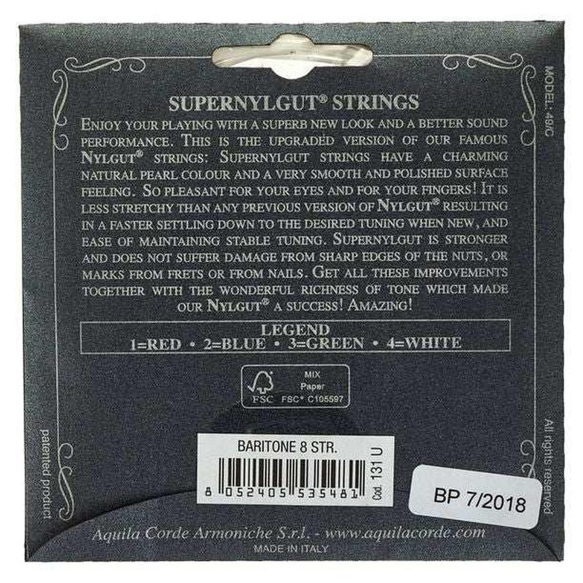 Aquila Supernylgut Baritone 8 string ukulele strings package back with specs and barcode.