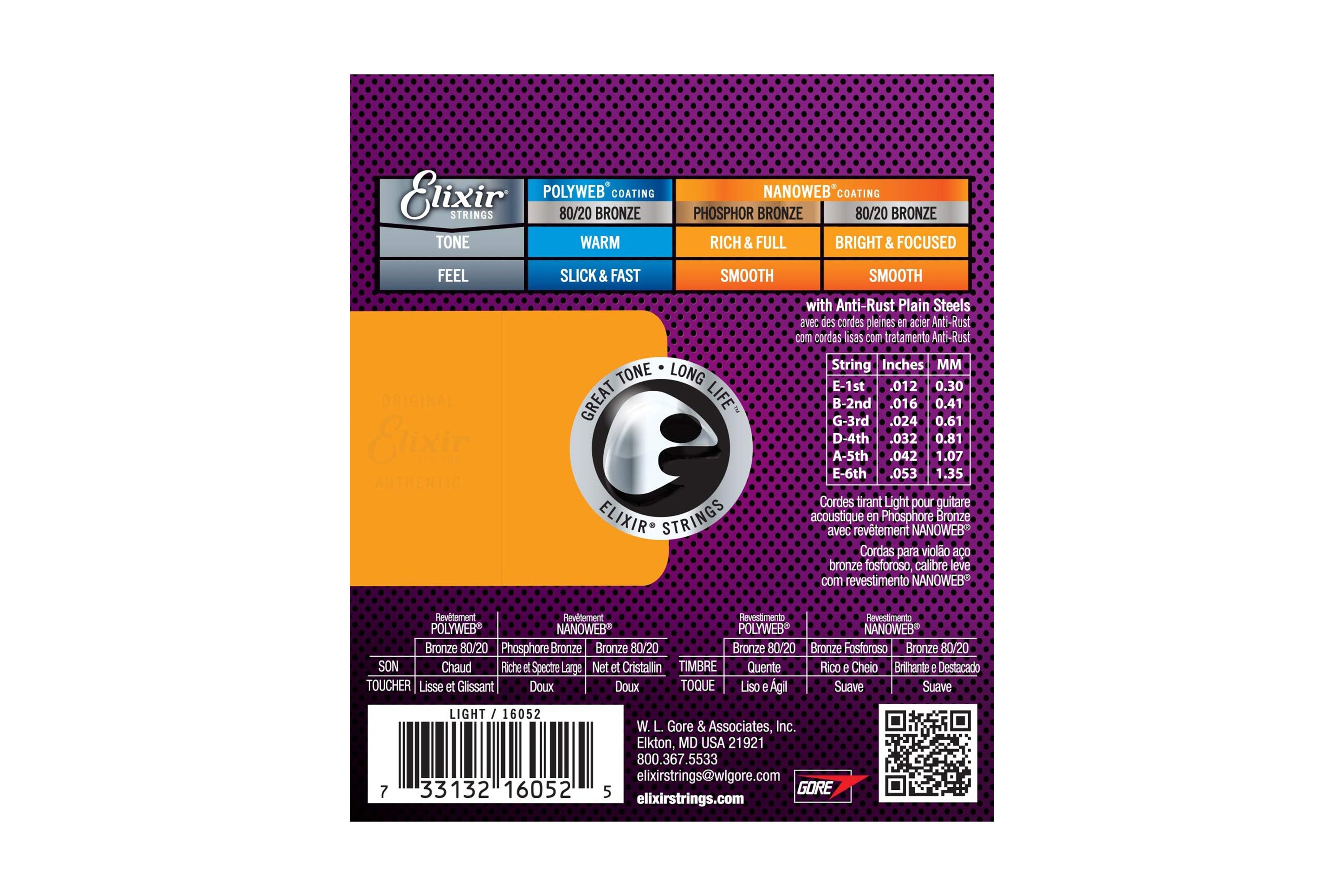 Elixir 16052 Phosphor Bronze With Nanoweb Coating Acoustic Guitar Strings - Light .012-.053