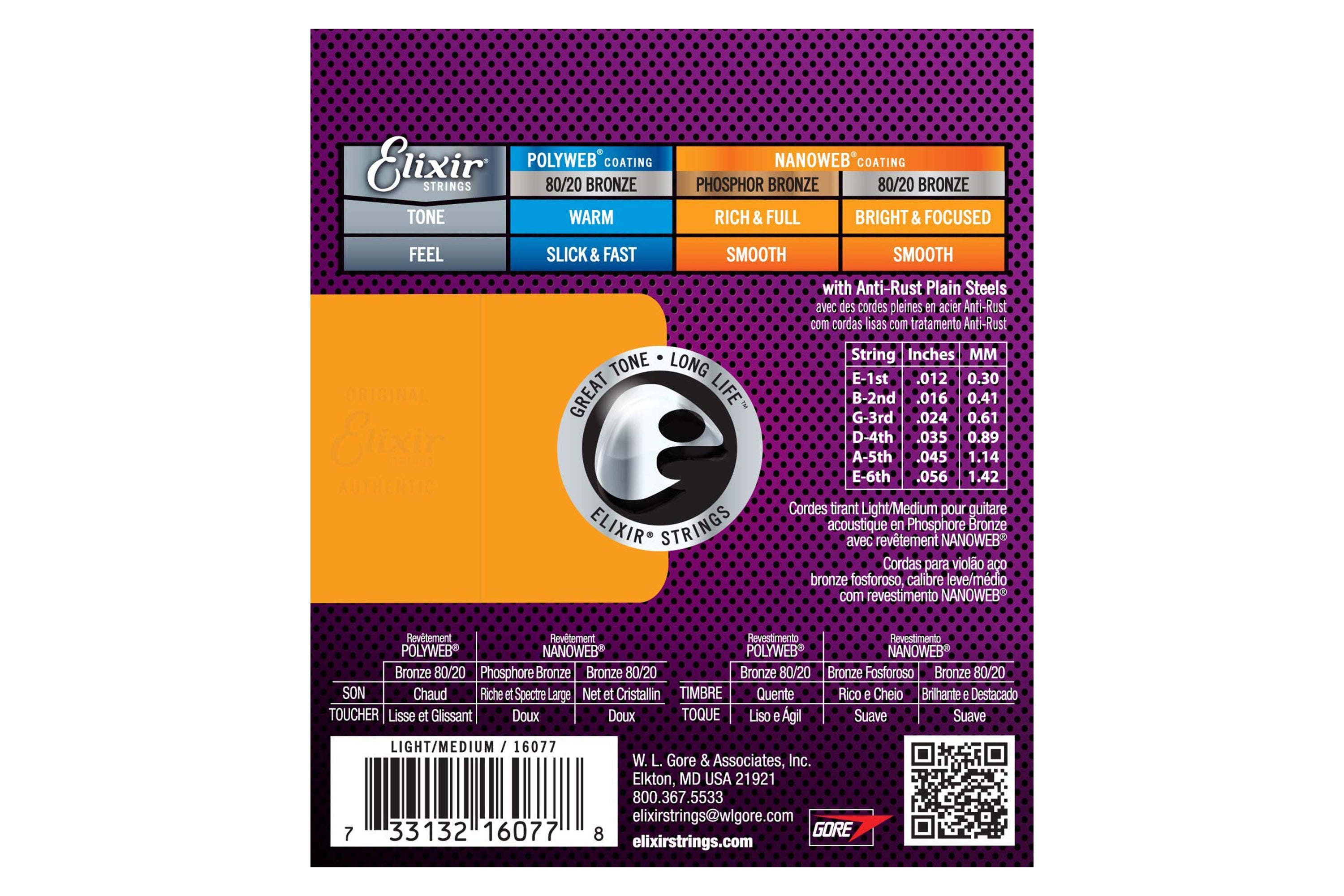 Elixir 16077 Phosphor Bronze With Nanoweb Coating Acoustic Guitar Strings - Light/Medium .012-.056
