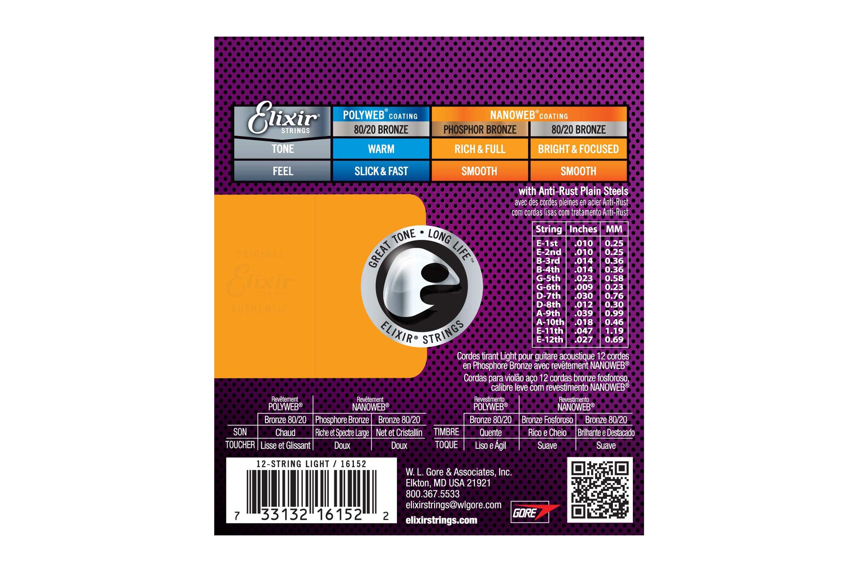 Elixir 16152 Phosphor Bronze With Nanoweb Coating Acoustic 12-String Guitar Strings - Light .010-.047