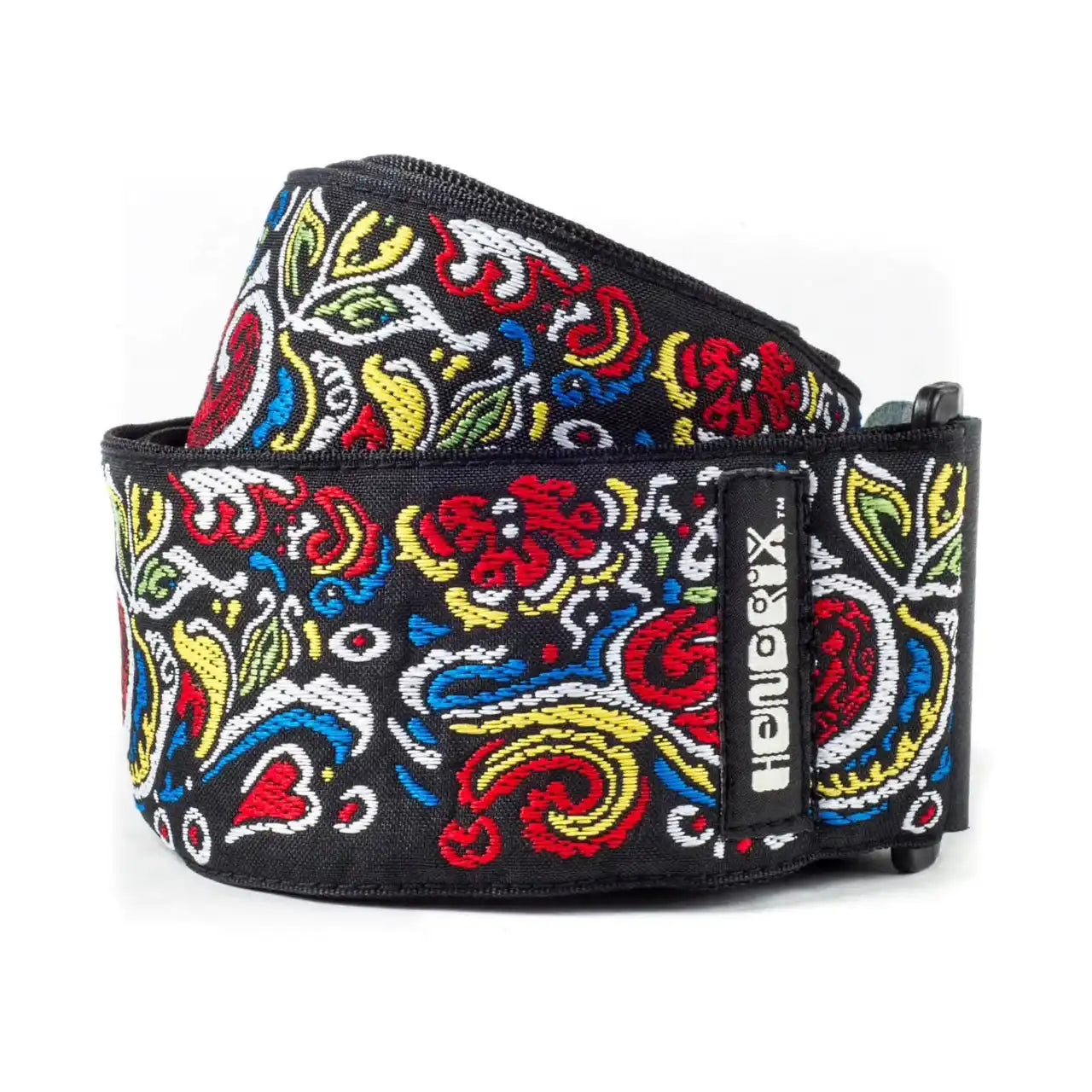 Hello Guitars black guitar strap with colorful floral design, Terry Carter Music Store