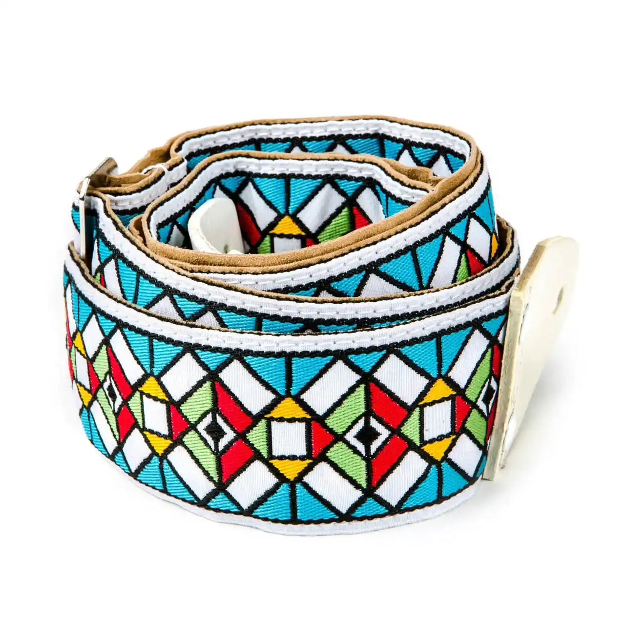 Colorful geometric guitar strap rolled up, available at Terry Carter Music Store