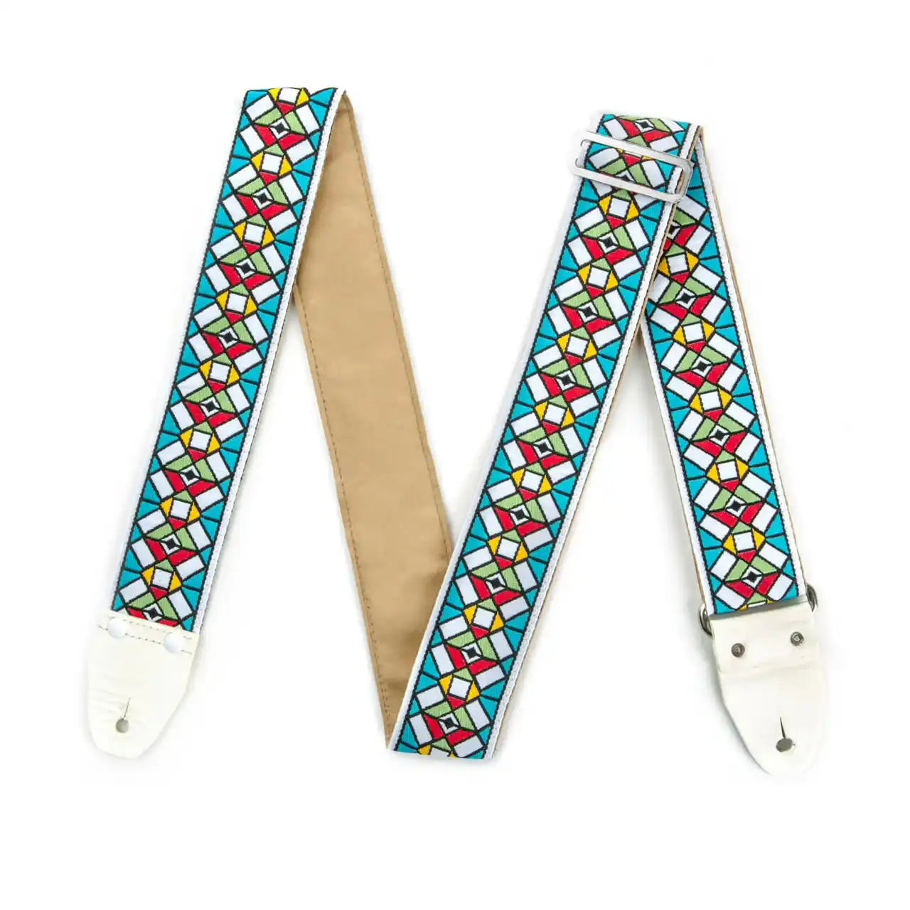 Colorful geometric patterned guitar strap with white leather ends at Terry Carter Music Store