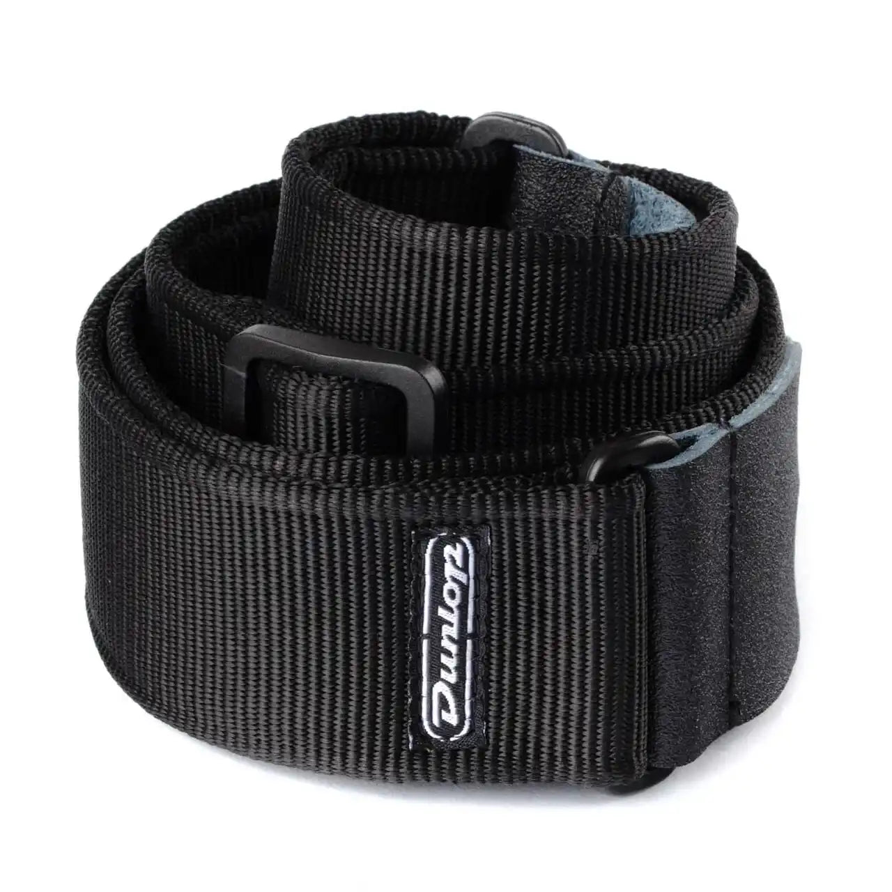Dunlop black nylon guitar strap with logo, rolled up, available at Terry Carter Music Store