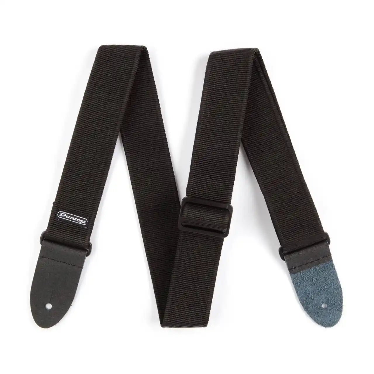 Dunlop black guitar strap with leather ends, adjustable, available at Terry Carter Music Store