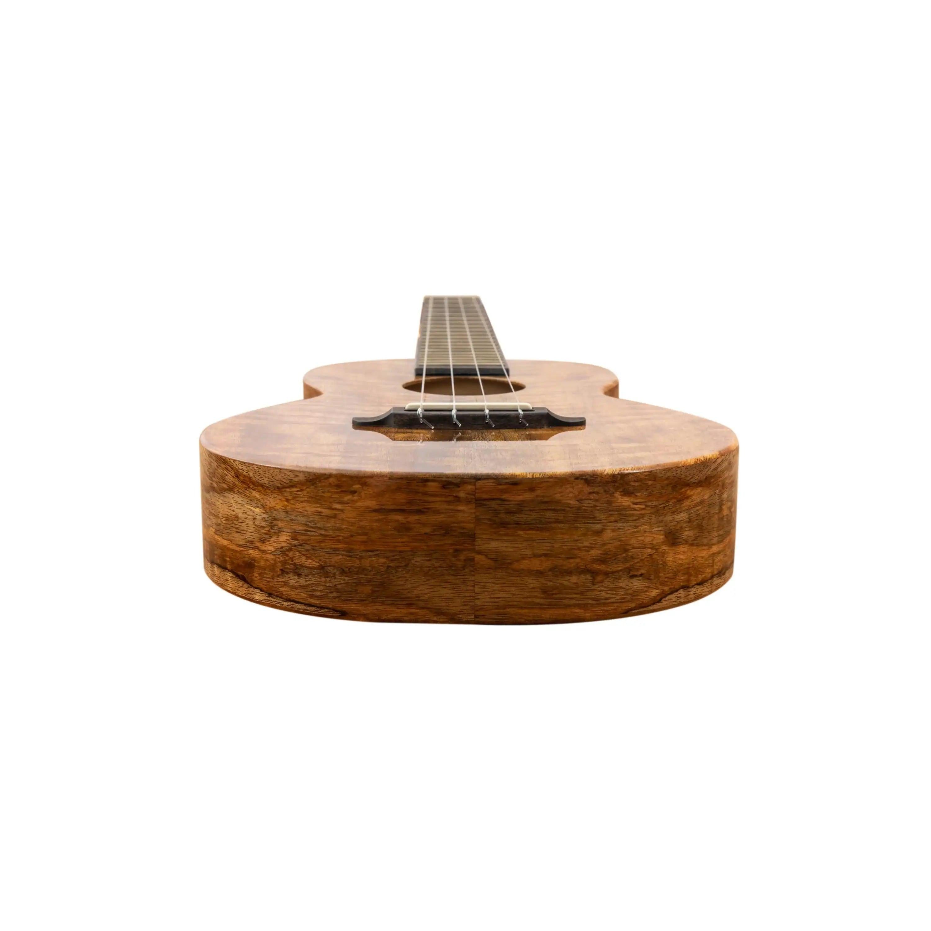 Front view of a koa wood ukulele with four strings at Terry Carter Music Store