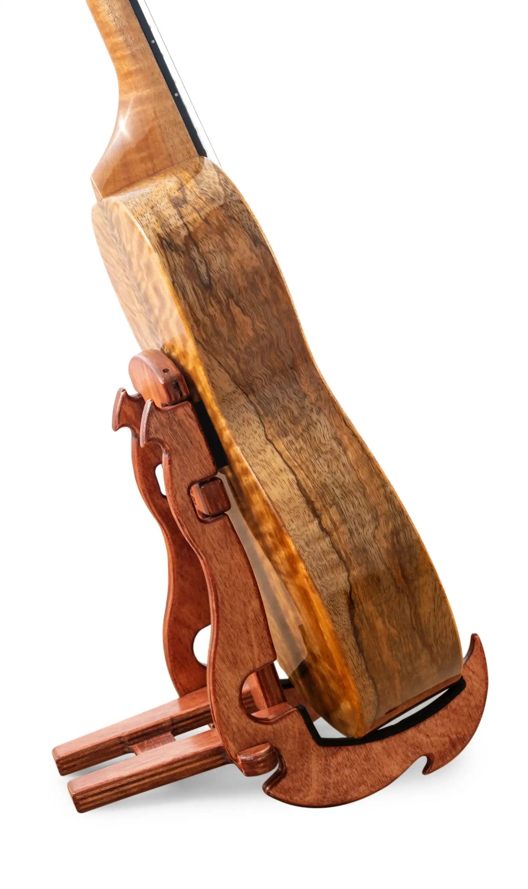 Wooden ukulele on matching wood stand with natural grain, Terry Carter Music Store