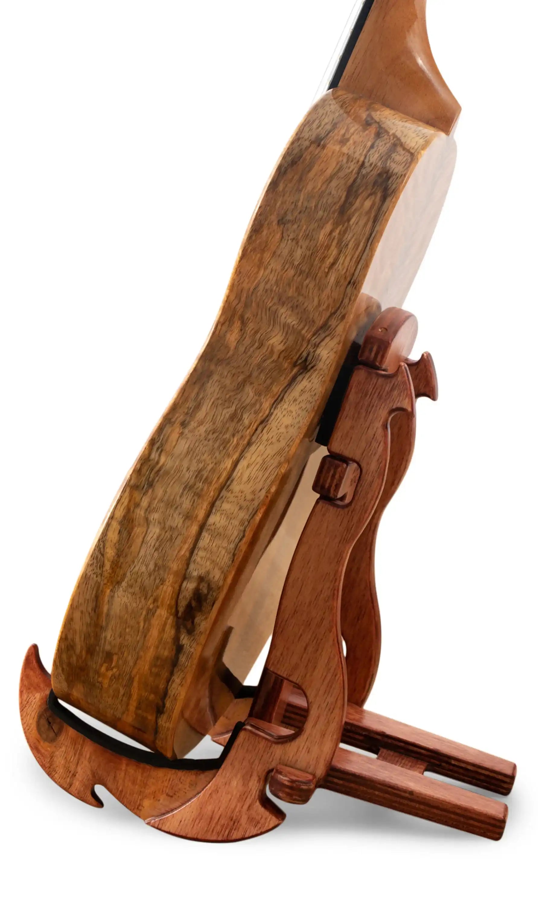 Curly koa wood ukulele on wooden stand, side view at Terry Carter Music Store