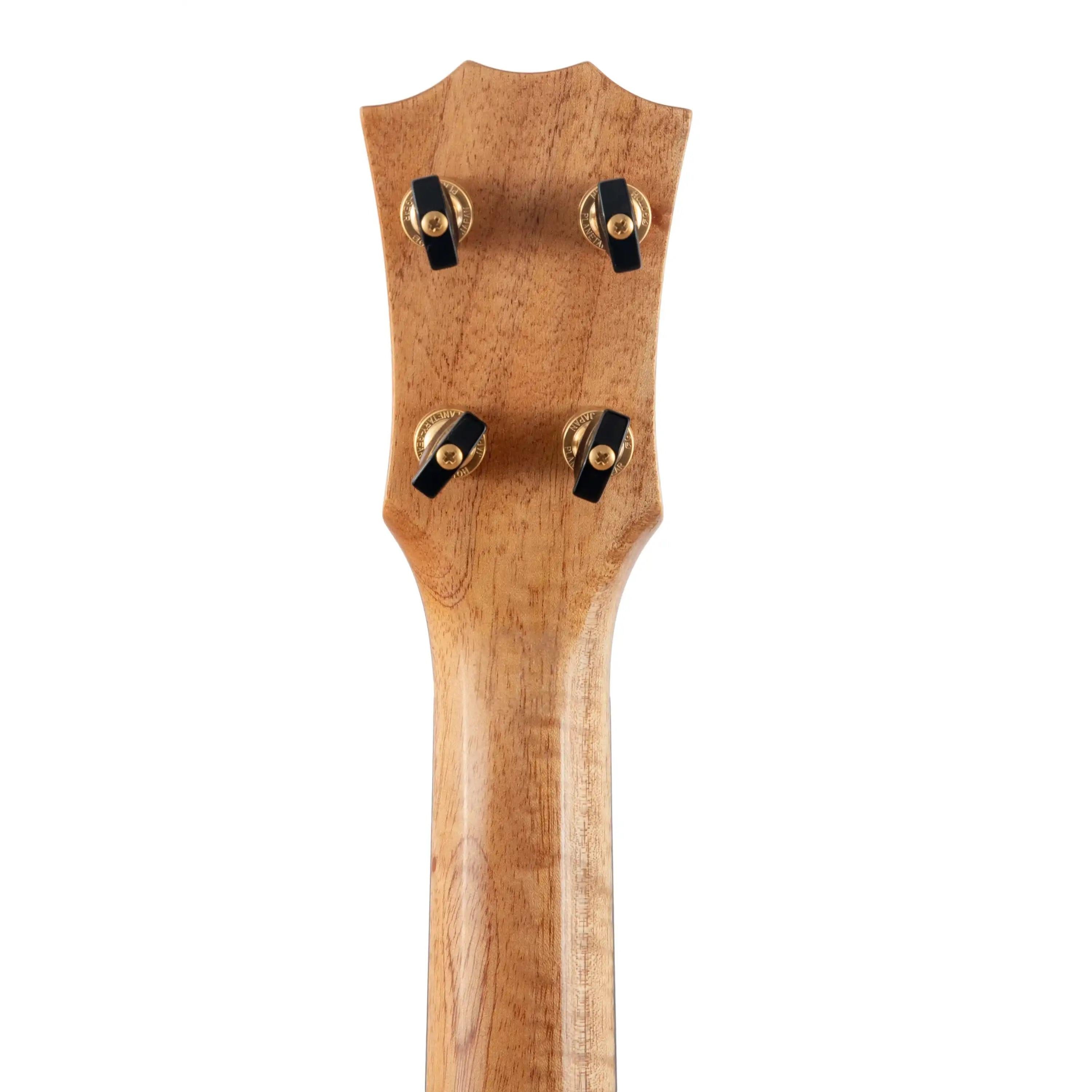 Back of ukulele headstock in natural wood finish with gold tuners at Terry Carter Music Store