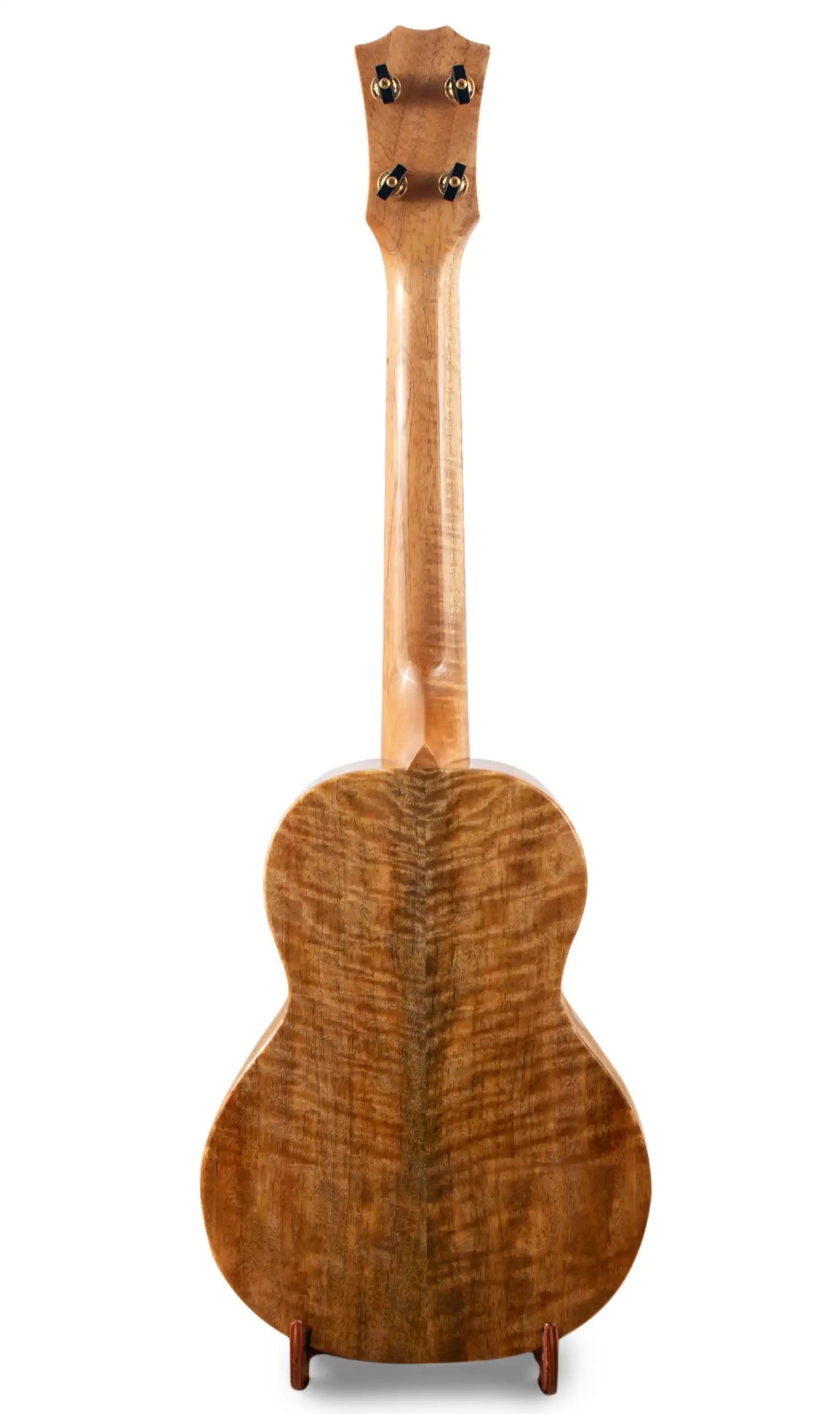Back view of a figured koa wood ukulele at Terry Carter Music Store