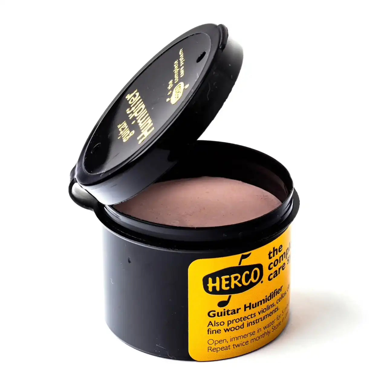 Herco guitar humidifier in black container, open lid, for instrument care at Terry Carter Music Store