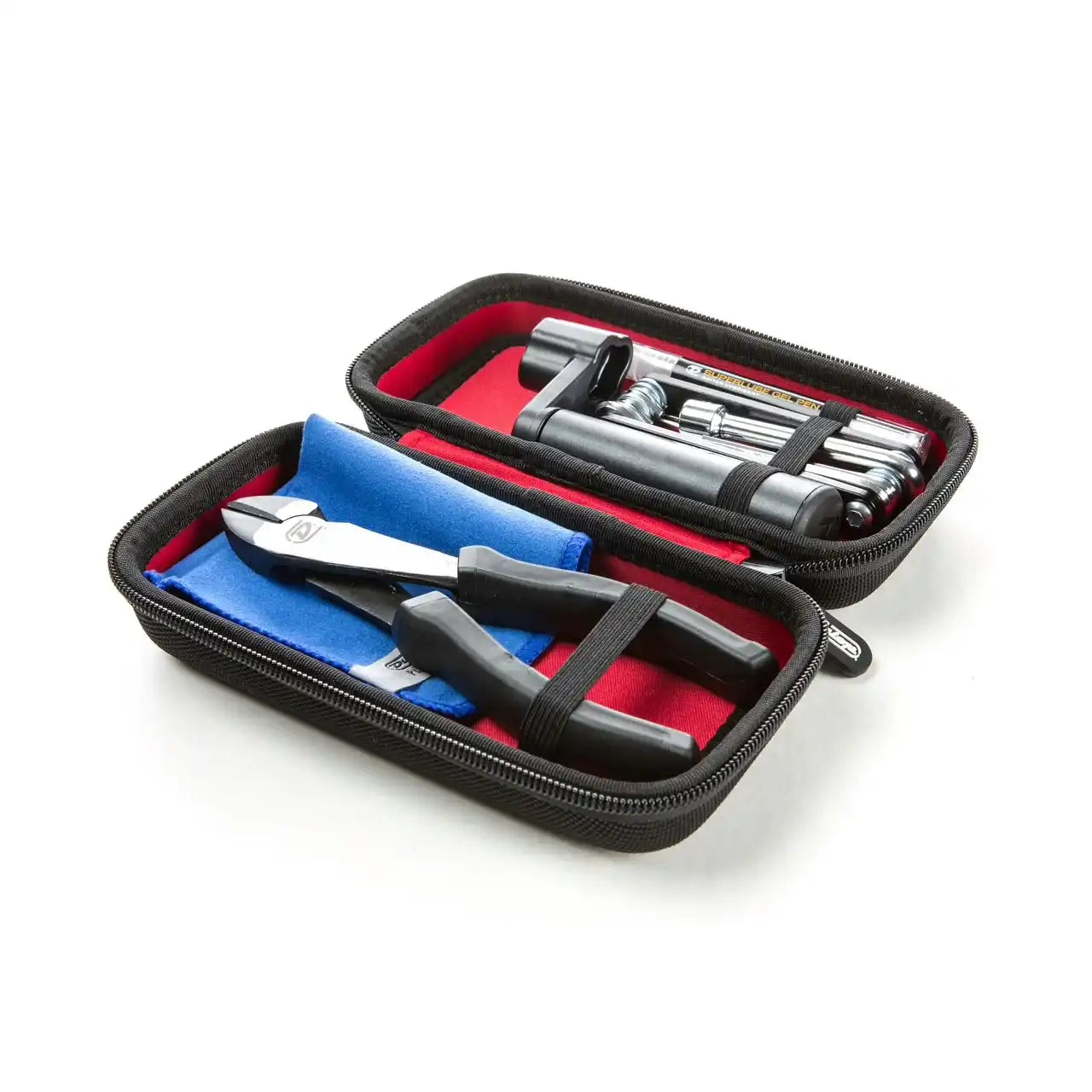 Instrument maintenance tool kit with pliers and winder in a red zippered case at Terry Carter Music Store