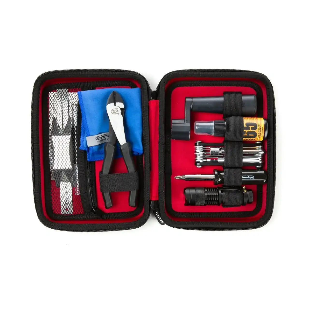 Guitar maintenance tool kit in a black case with pliers, cloth, and accessories at Terry Carter Music Store.