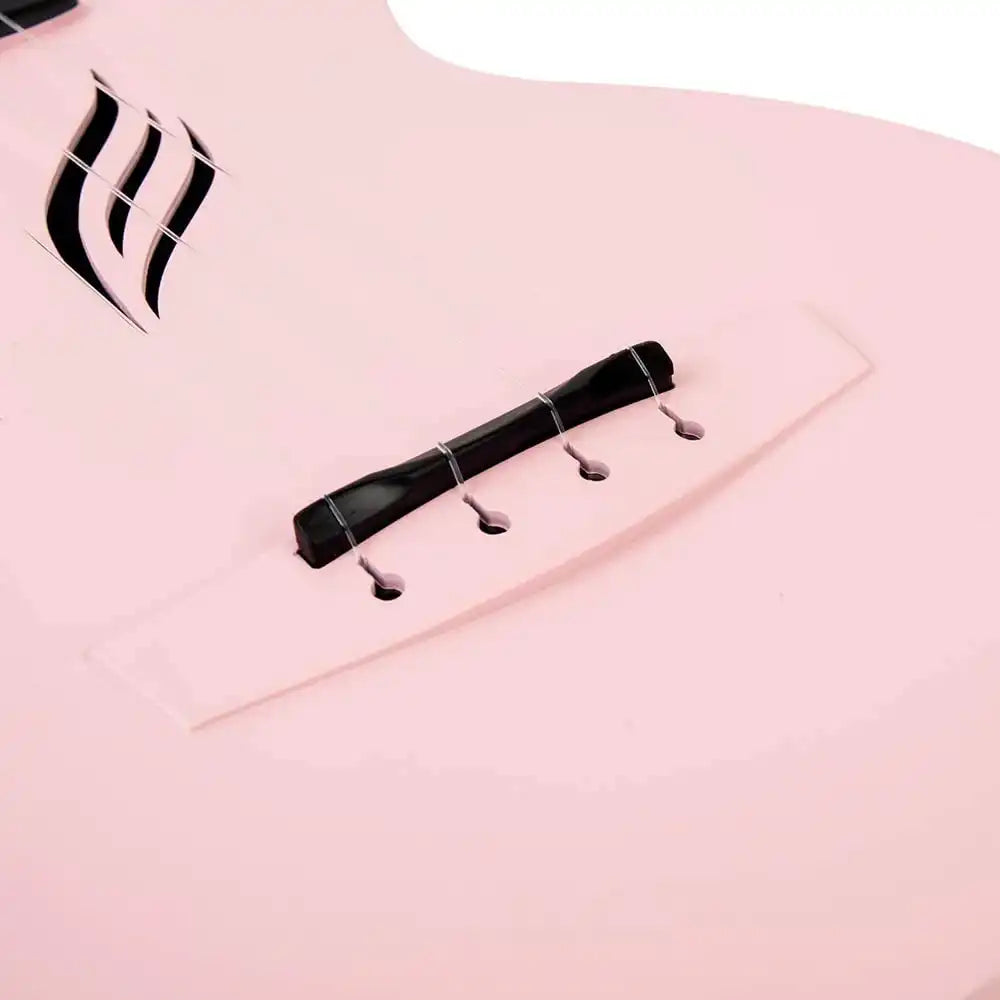 Close-up of pink guitar bridge and sound holes, Terry Carter Music Store, unique black accents.