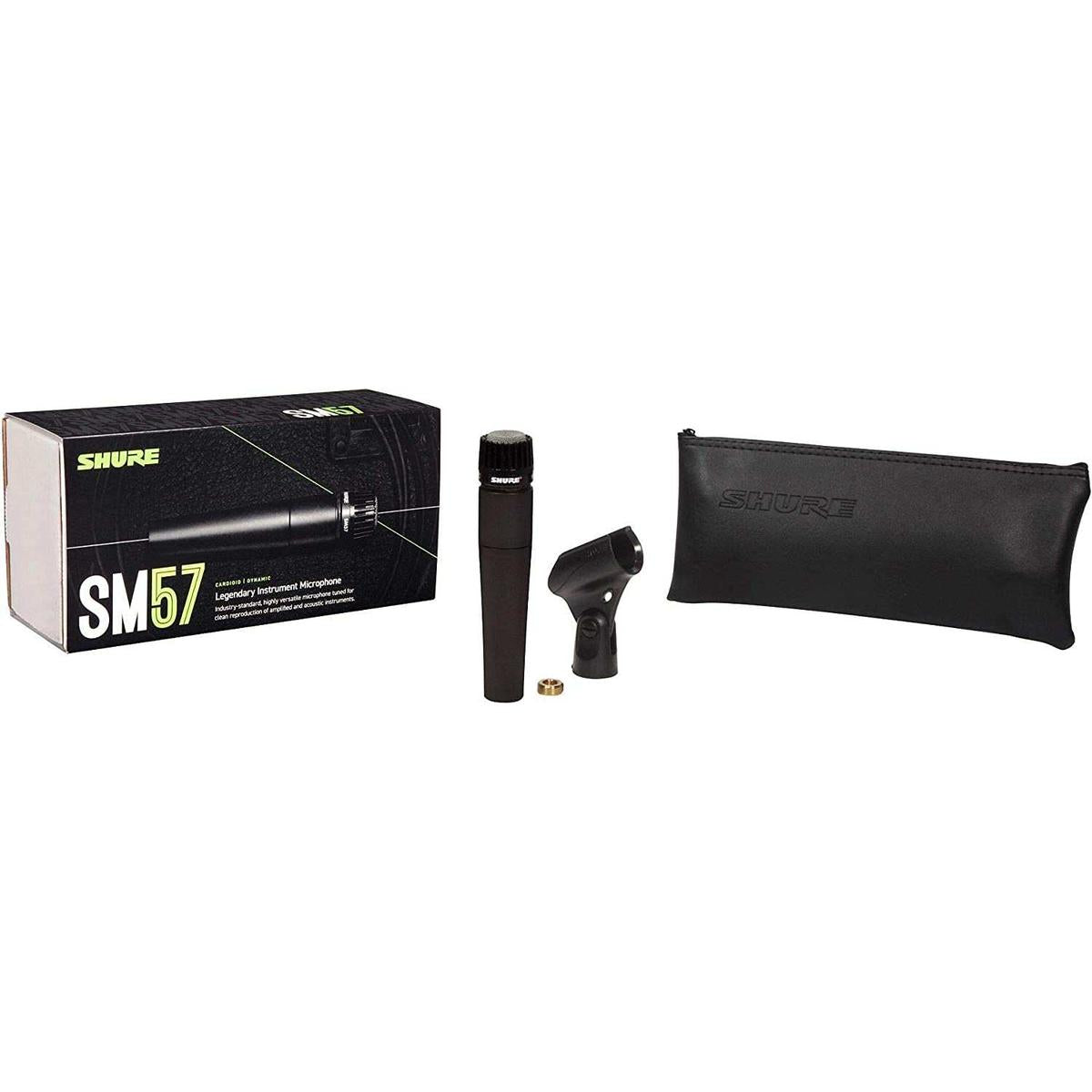 Shure SM57 box, microphone, stand adapter and storage bag