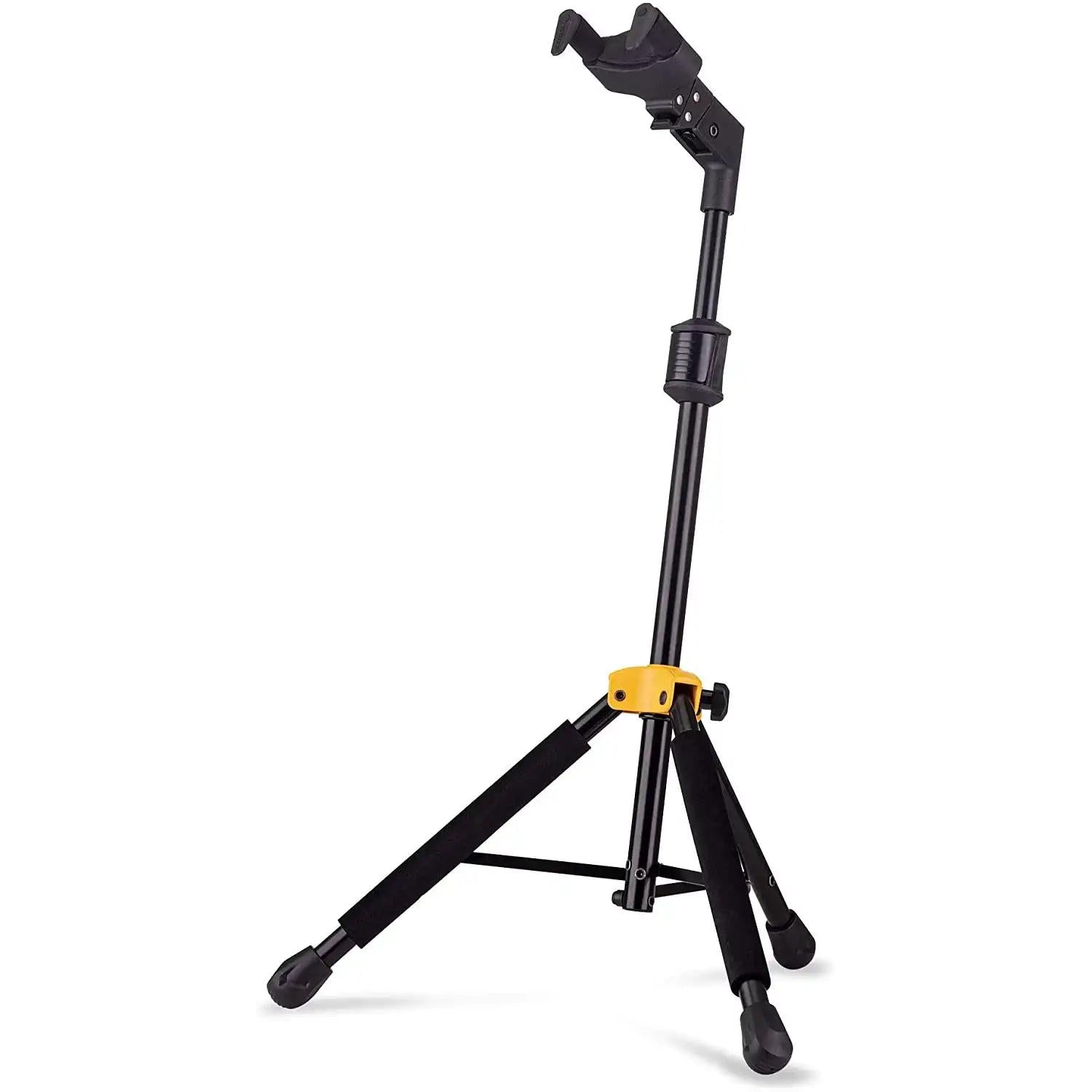 Adjustable black guitar stand with yellow accents, tripod design at Terry Carter Music Store.