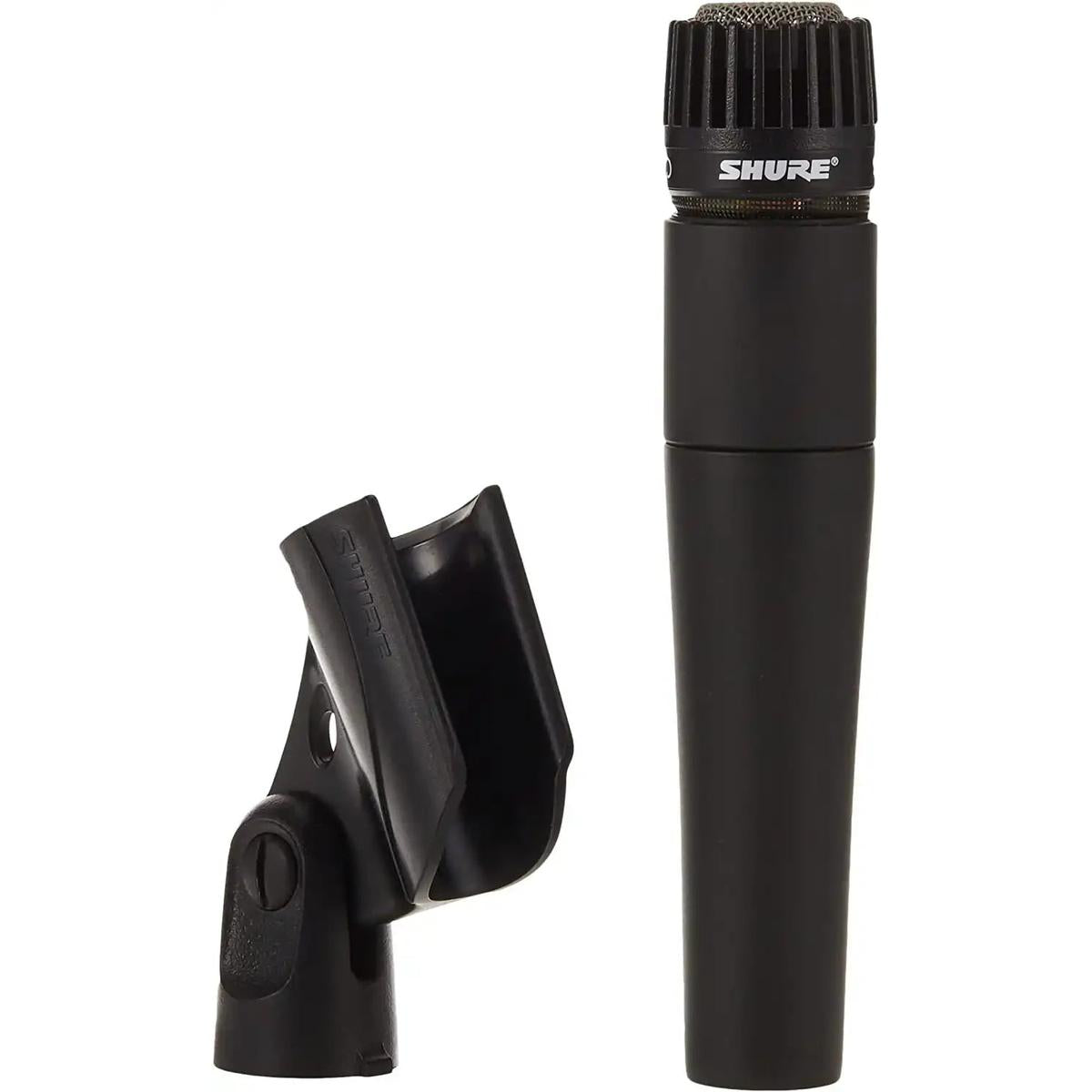 Shure SM57 microphone next to the A25D swivel stand adapter