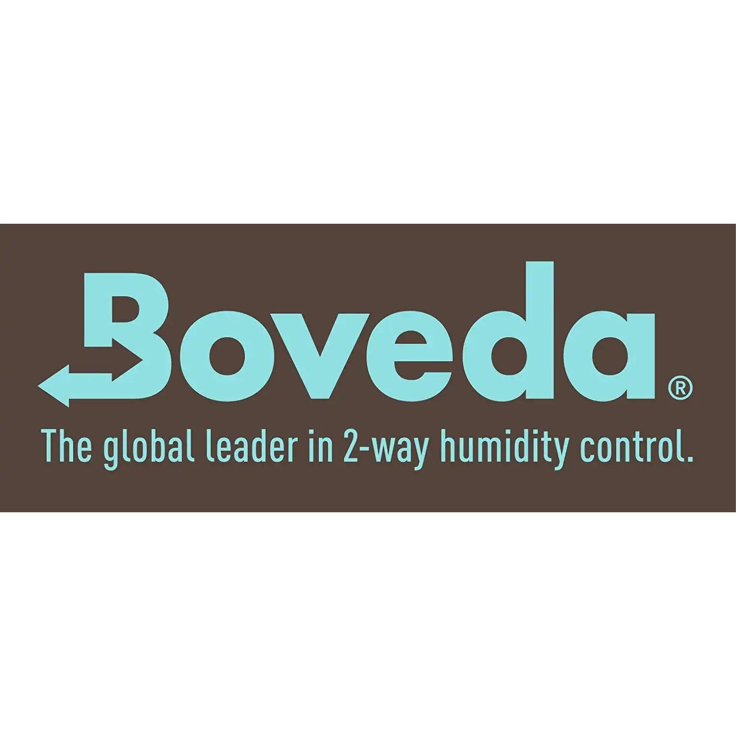 Boveda humidity control logo with blue text on brown background at Terry Carter Music Store.