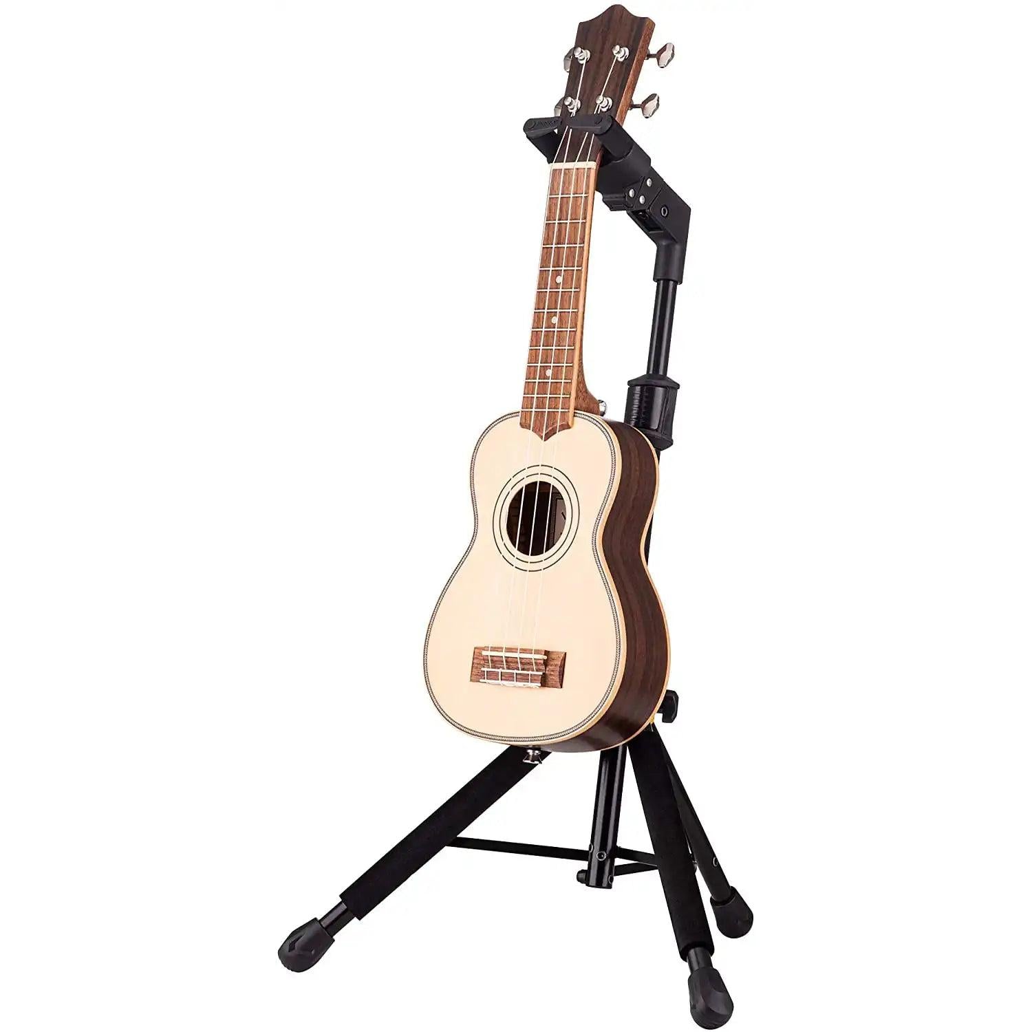 Concert ukulele with spruce top and dark wood sides on stand, Terry Carter Music Store