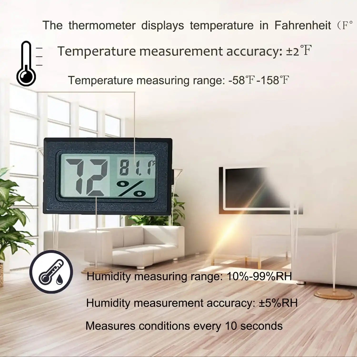 Digital thermometer hygrometer with large LCD display showing temperature and humidity in a modern living room, Terry Carter Music Store.