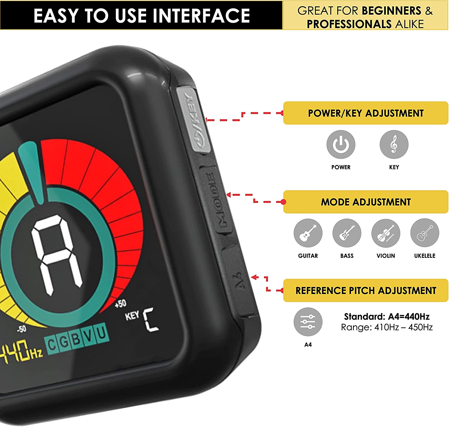 KLIQ UberTuner - Professional Clip-On Tuner For All Instruments - BLACK