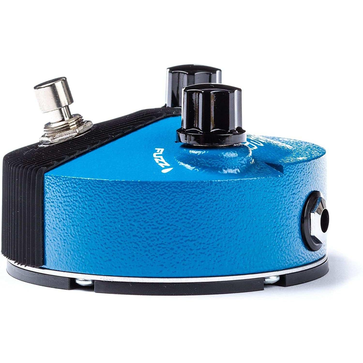 Electric guitar fuzz pedal with blue metal housing and black knobs at Terry Carter Music Store