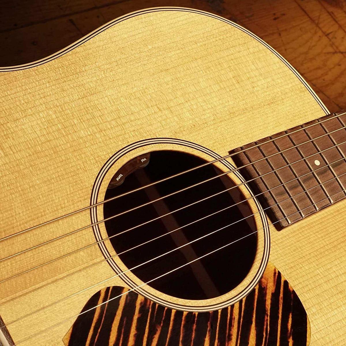 Close up of acoustic guitar spruce top and tortoiseshell pickguard, Terry Carter Music Store