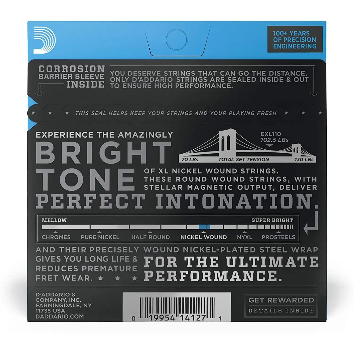 D'Addario XL nickel wound electric guitar strings packaging, black with blue accents, at Terry Carter Music Store.