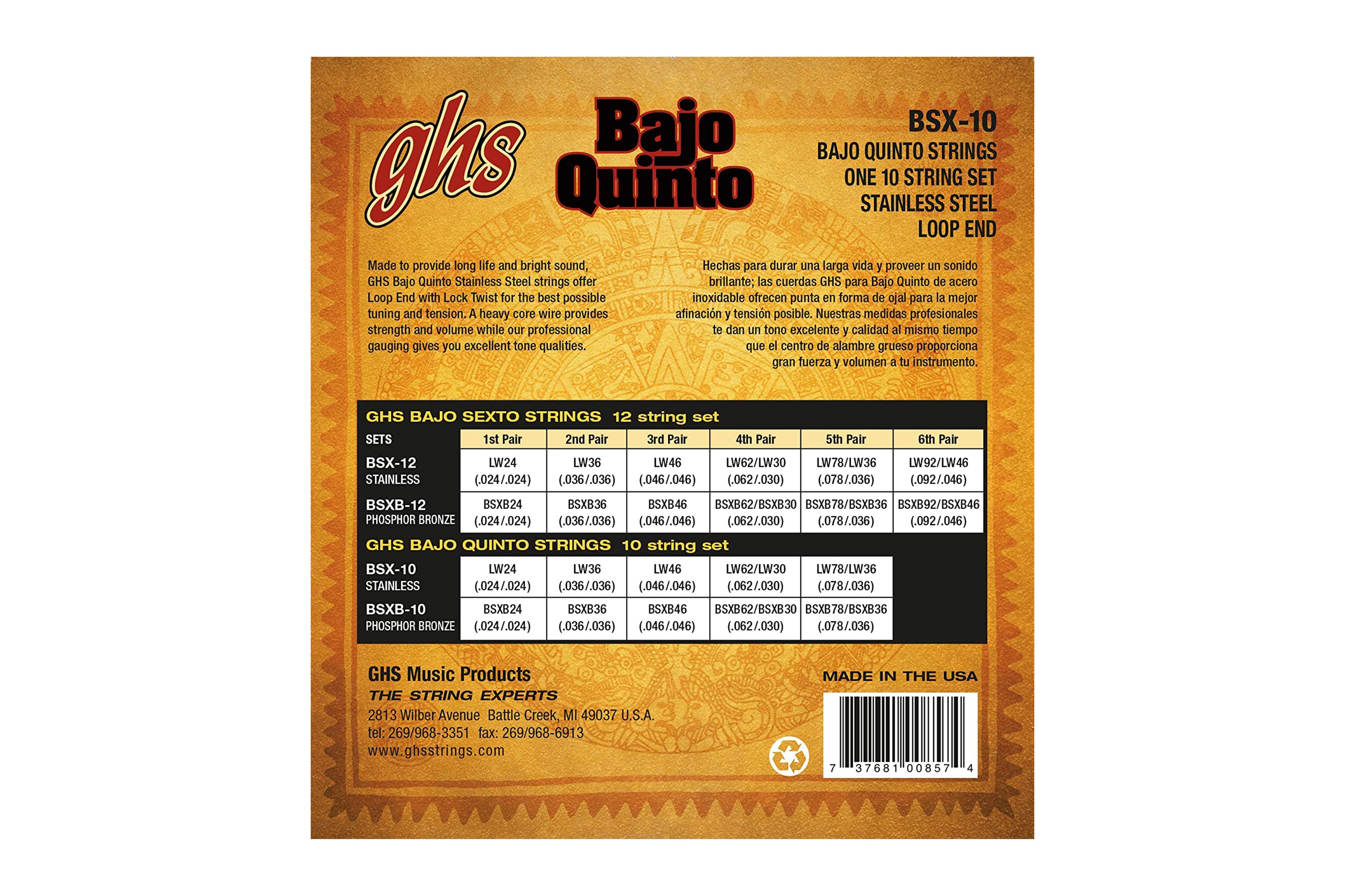 GHS BSX-10 Stainless Steel Baja Quinto Strings - Loop End