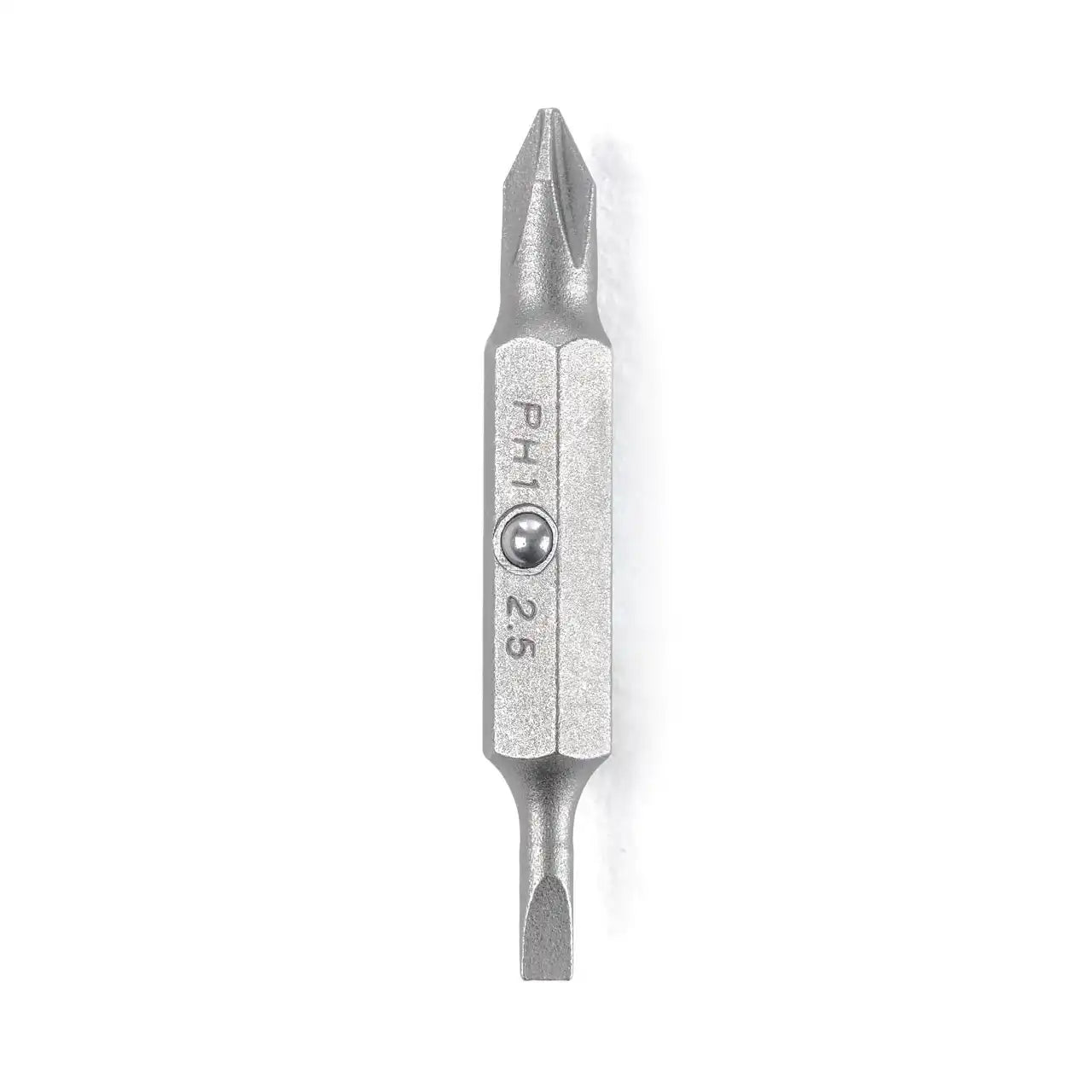 Double-ended screwdriver bit with PH1 and 2.5 markings on white background at Terry Carter Music Store